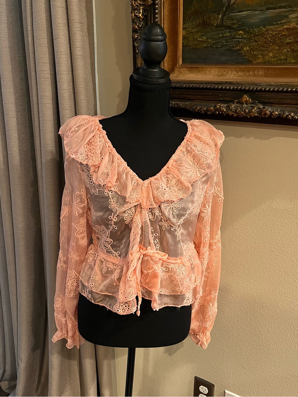 Pink Embroidered Ruffled Tiered Tie-Front Crop Top Blouse - Cottagecore Romantic - Picture 2 of 6